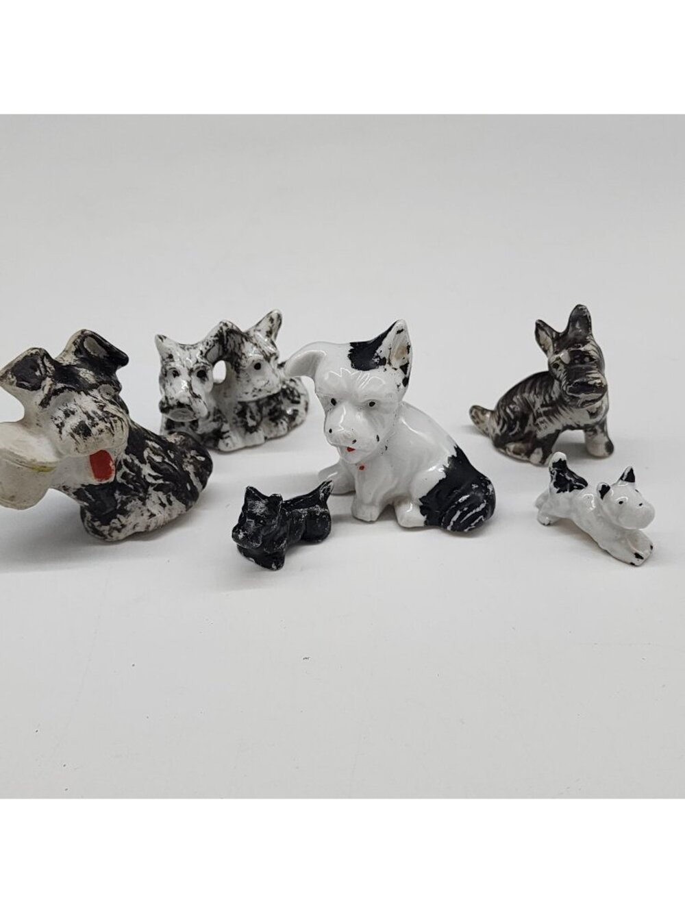 Ceramic Scottie Dog Figurines Set Of 6  Black & White Miniatures Japan Vintage